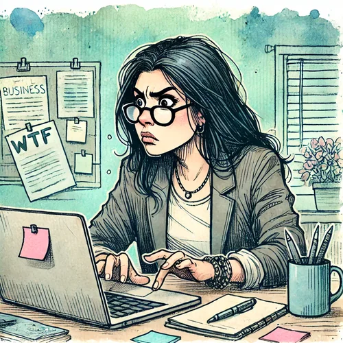 Illustration of Small business owner looking confused while trying to manage information on a laptop